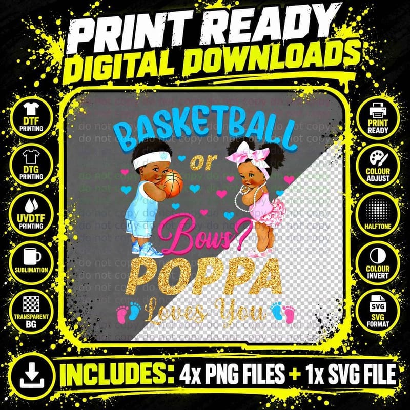Basketball or Bows Poppa Loves You Gender Reveal Pink Png SVG Digital Bundle