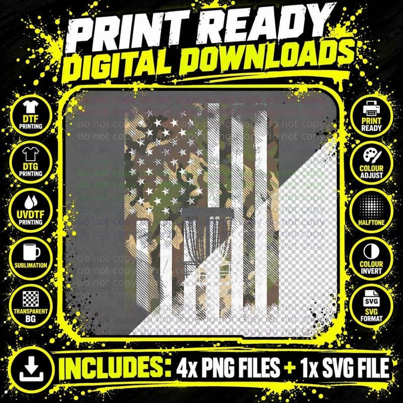 Camo Flag Disc Golf Basket Vintage Golfing Patriotic Png SVG Digital Bundle