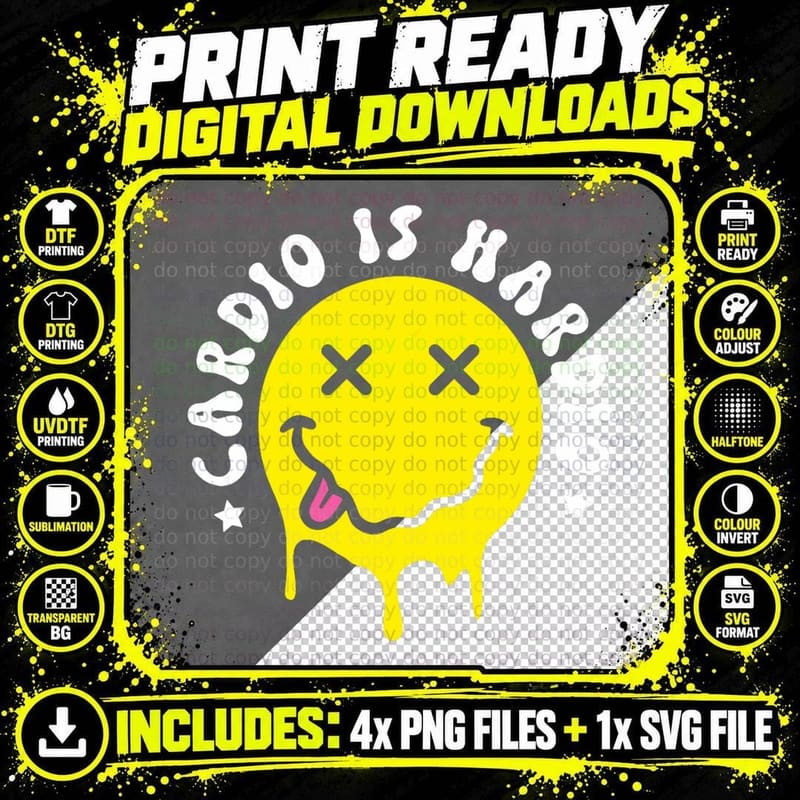 Cardio Is Hardio Melting Yellow Smile Face Funny Workout Png SVG Digital Bundle