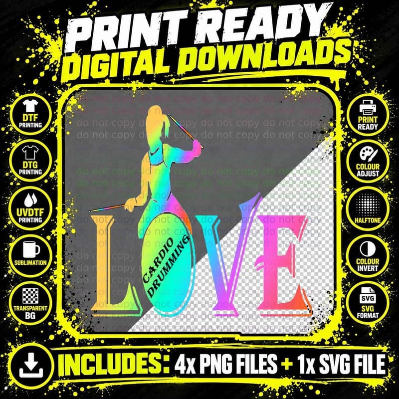 Cardio and Gym Colored Shirt Love Cardio Drumming Png SVG Digital Bundle