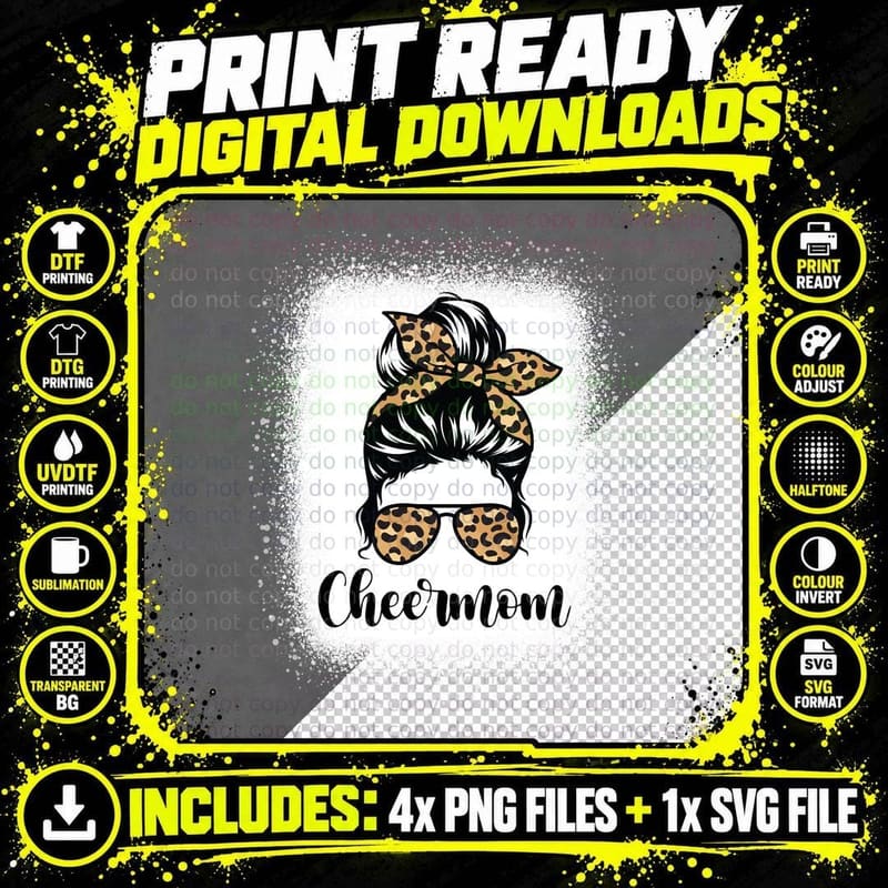 Cheer Mom Leopard Messy Bun Lovers Mother Soccer Lover Png SVG Digital Bundle
