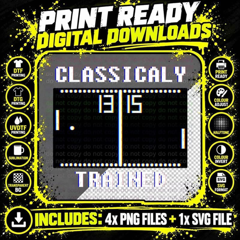 Classicaly Trained Retro Vintage Tennis Video Game Png SVG Digital Bundle