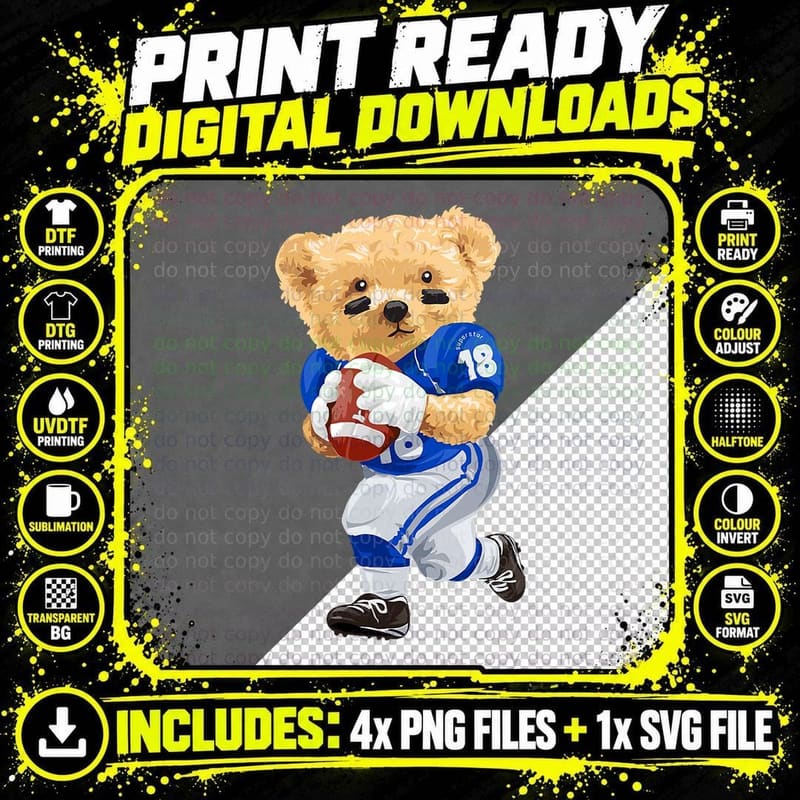 Cool Teddy Bear Playing Rugby Illustration Graphic Png SVG Digital Bundle