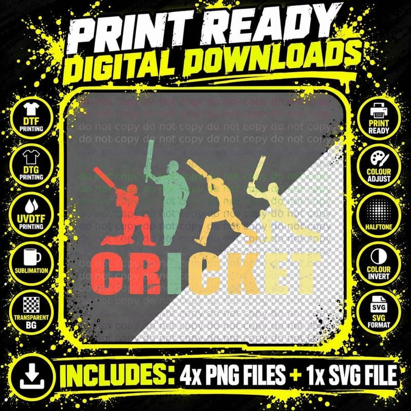 Cricket Retro Vintage Colours Cricket Players T-Shirt Png SVG Digital Bundle