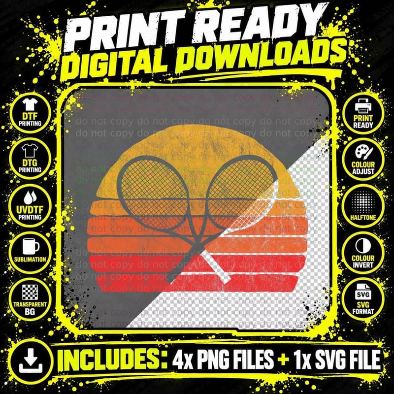 Crossed Tennis Racquets Retro 80s Sun Vintage Graphic Png SVG Digital Bundle
