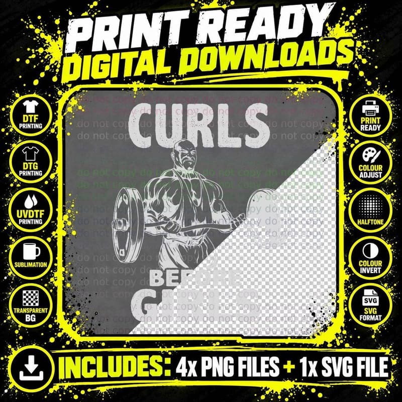 Curls Before Girls - Gym Motivational Png SVG Digital Bundle