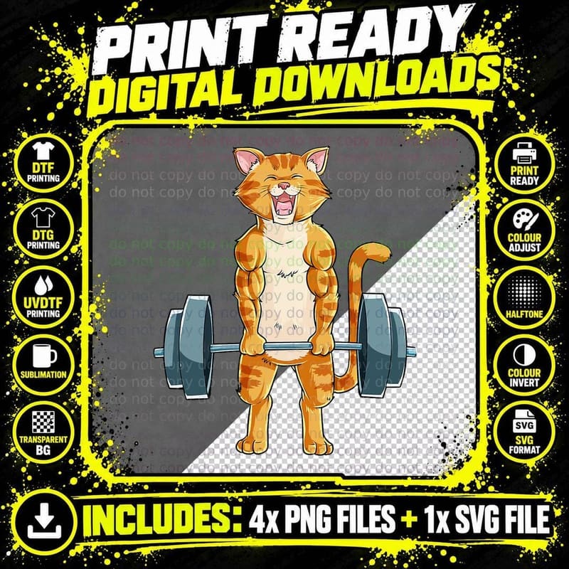 Cute Cat Powerlifting Weightlifting Deadlifting Gym Png SVG Digital Bundle
