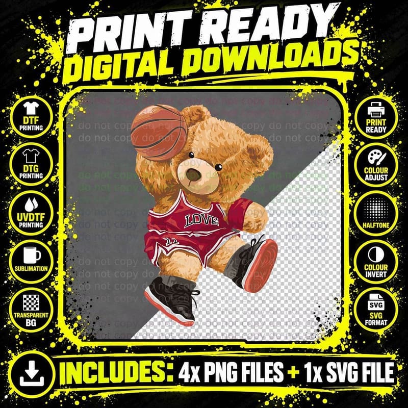 Cute Teddy Bear Playing Basketball, for Women, Kids Png SVG Digital Bundle