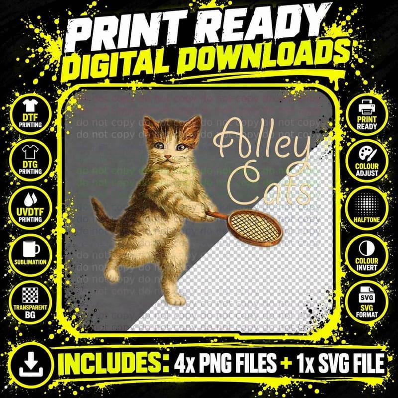 Cute, Funny Alley Cats Tennis, Cat Lovers Gift, Humor Png SVG Digital Bundle