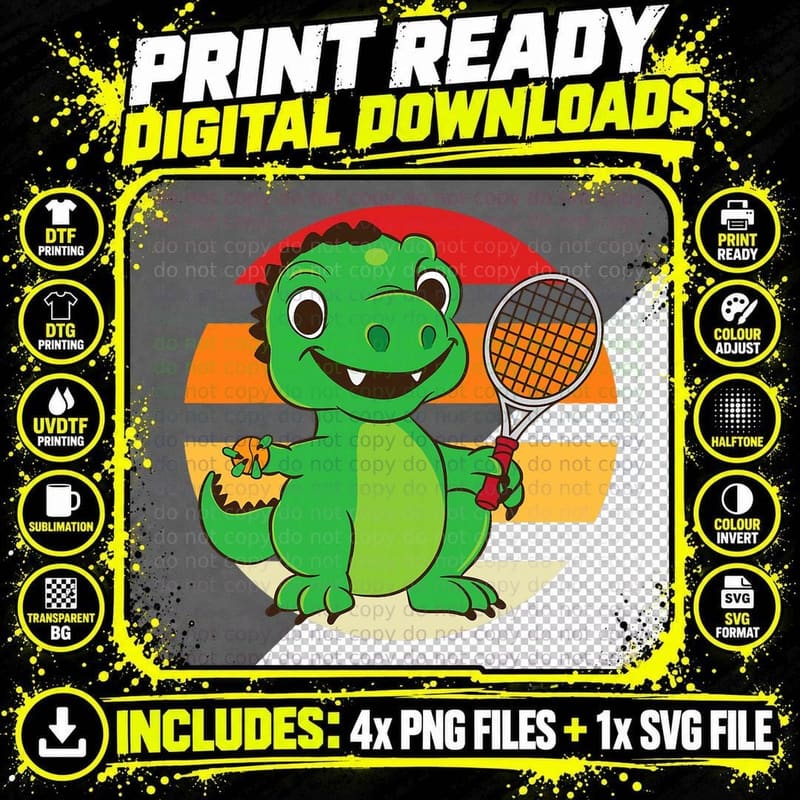 Dinosaur Tennis Player Sports Tennis Racket Png SVG Digital Bundle