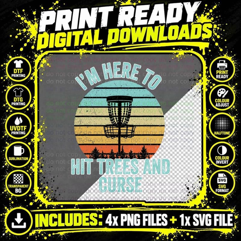 Disc Golf Shirt Funny Hit Trees and Curse Retro Disc Png SVG Digital Bundle
