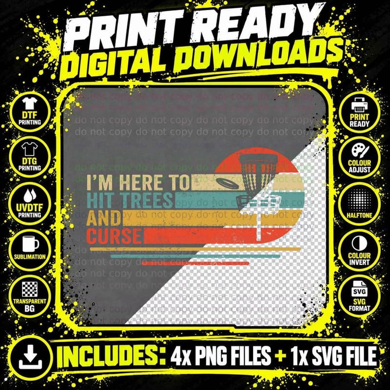 Disc Golf Shirt Funny Hit Trees and Curse Retro Disc Png SVG Digital Bundle