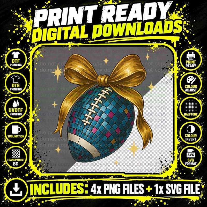Disco Football Ornament with Gold Bow Sport Mom T-Shirt Png SVG Digital Bundle