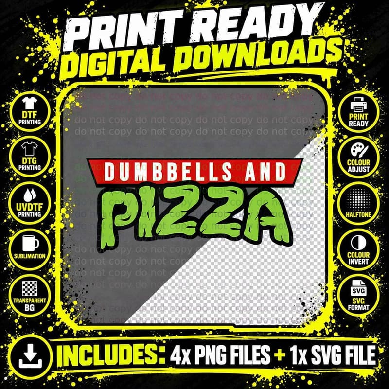 Dumbbells and Pizza Funny Cute Turtle Themed Gym and Png SVG Digital Bundle