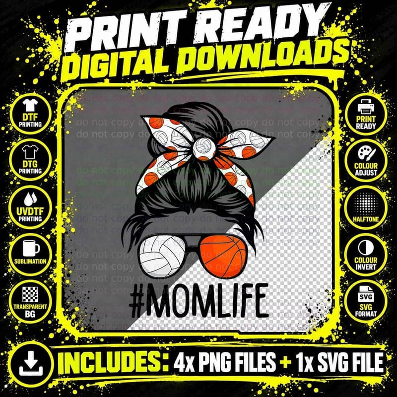 Dy Mom Life Volleyball Basketball Mothers Day Messy Bun Png SVG Digital Bundle