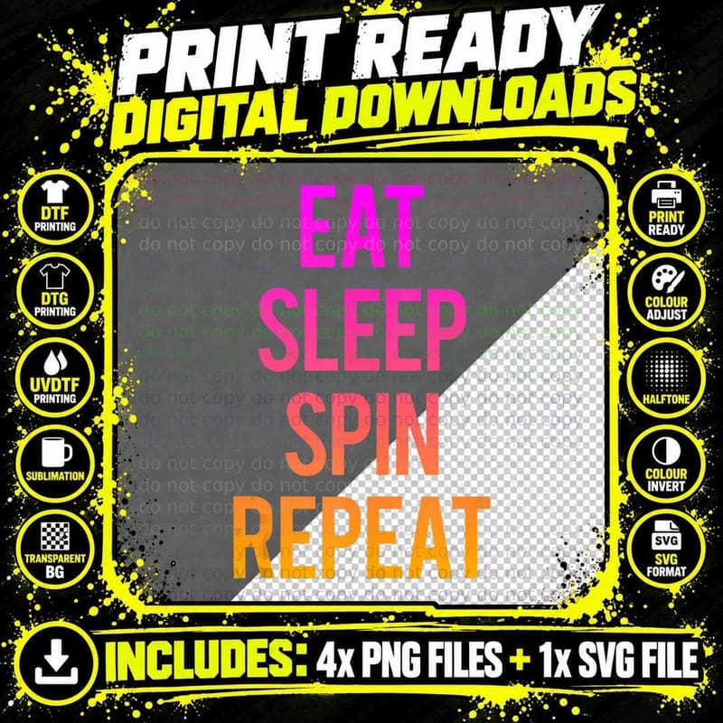 Eat Sleep Spin Repeat Funny Gym Saying Spinning Class Png SVG Digital Bundle