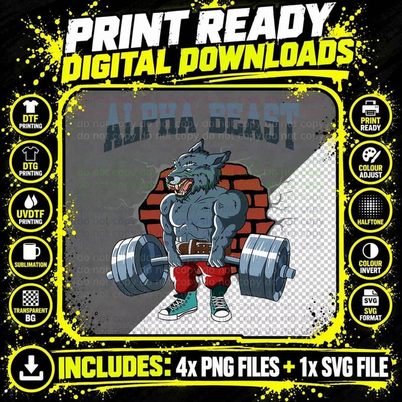 Fitness Alpha Wolf Doing Deadlift Workout Training Gym Png SVG Digital Bundle