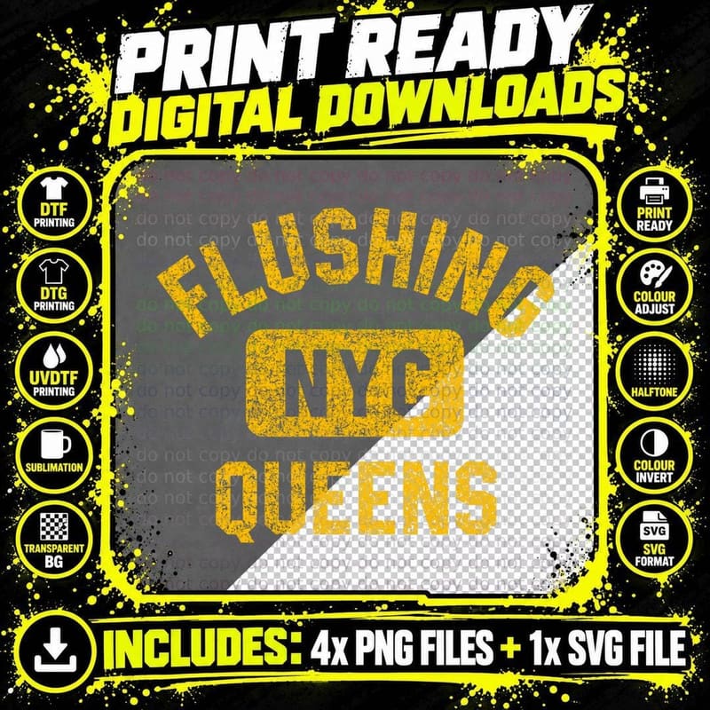 Flushing Queens Nyc Gym Style Distressed Amber Print Png SVG Digital Bundle