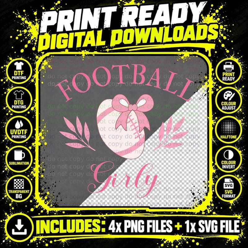 Football Girly Sport Mom T-Shirt, Pink Football with Bow Png SVG Digital Bundle