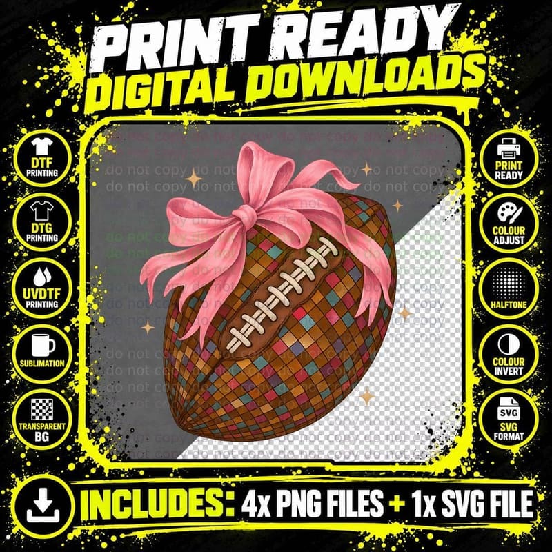 Football Wrapped in Mosaic with Pink Bow Sport Mom Png SVG Digital Bundle