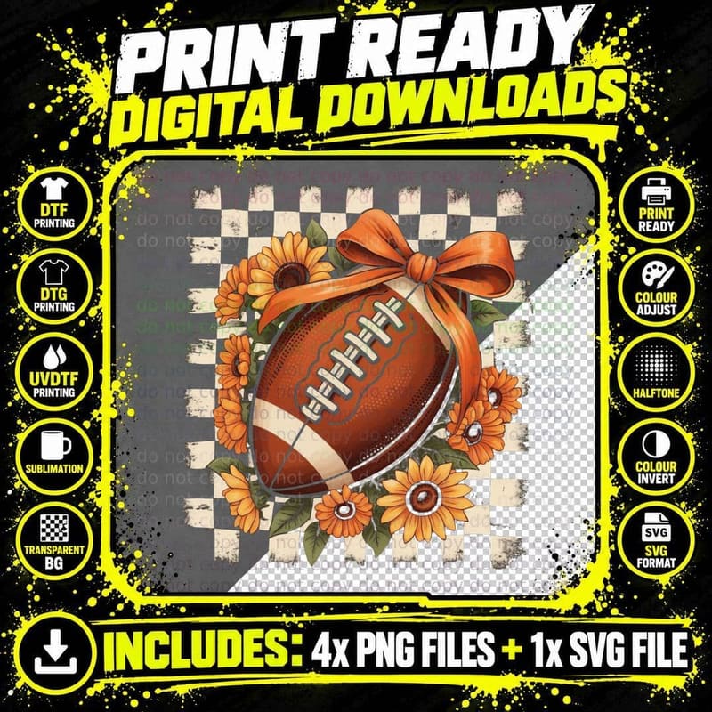 Football with Sunflowers and Bow Sport Mom T-Shirt Png SVG Digital Bundle