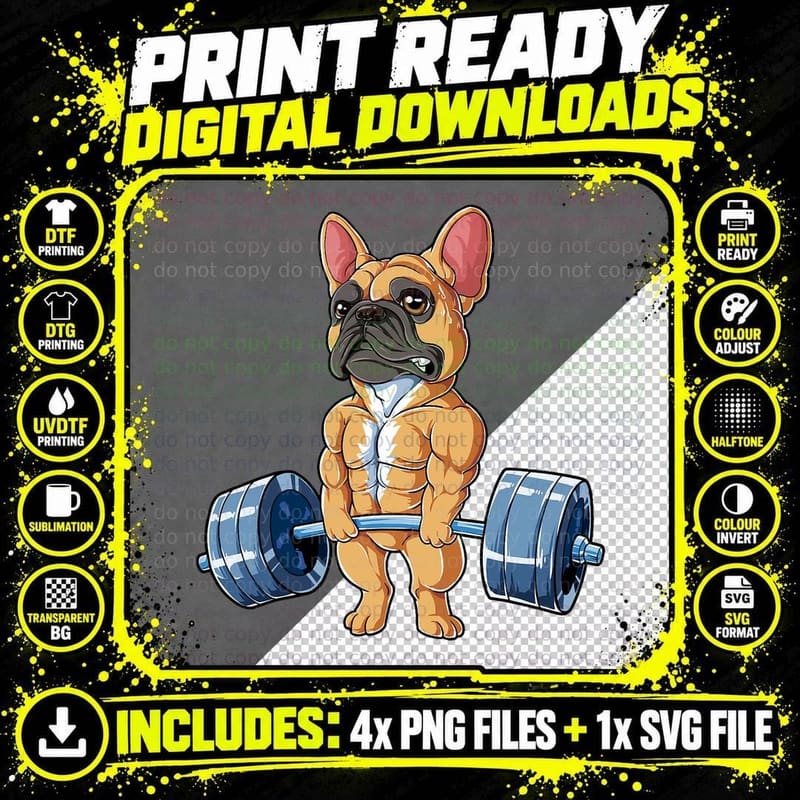 French Bulldog Weightlifting Fawn Deadlift Fitness Gym Png SVG Digital Bundle