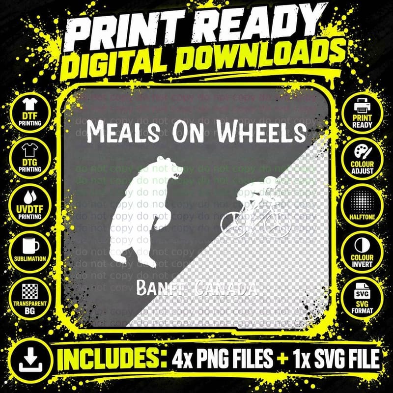 Funny Bear Chasing Bike Rider Meals on Wheels Banff Png SVG Digital Bundle