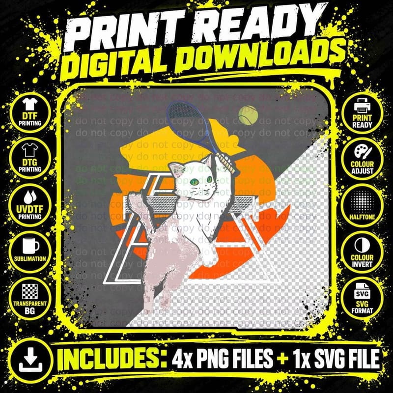Funny Cat Playing Tennis Court Tennis Racket Ball T-Shirt Png SVG Digital Bundle