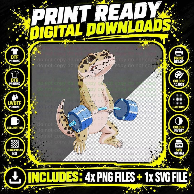 Funny Deadlift Weightlifting Reptile Leopard Gecko Png SVG Digital Bundle