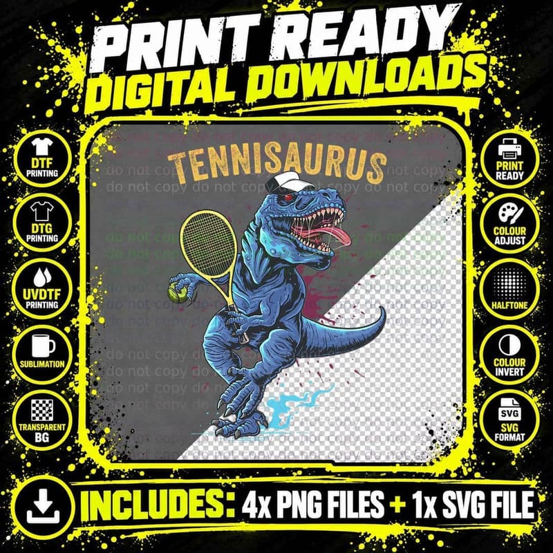 Funny Dinosaur Playing Tennis Retro Style Tennisaurus Png SVG Digital Bundle