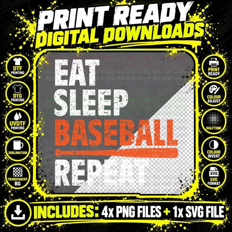 Funny Eat Sleep Baseball Repeat, Baseball Fan Gift Png SVG Digital Bundle