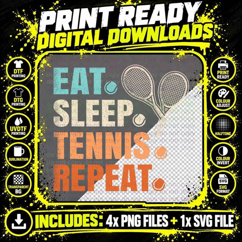 Funny Eat Sleep Tennis Repeat Tennis Lover Png SVG Digital Bundle