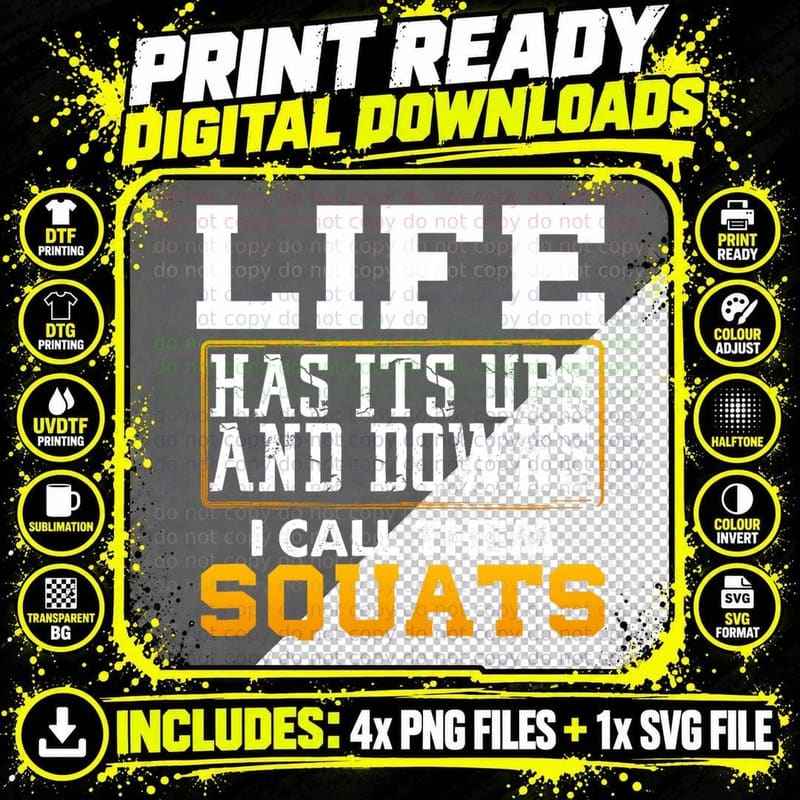 Funny Fitness Gym Workout Weights Squat Men Women Gift Png SVG Digital Bundle