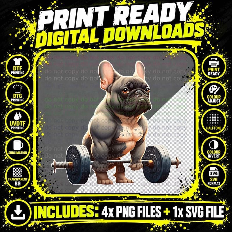 Funny French Bulldog Bodybuilding Gym Frenchie Png SVG Digital Bundle