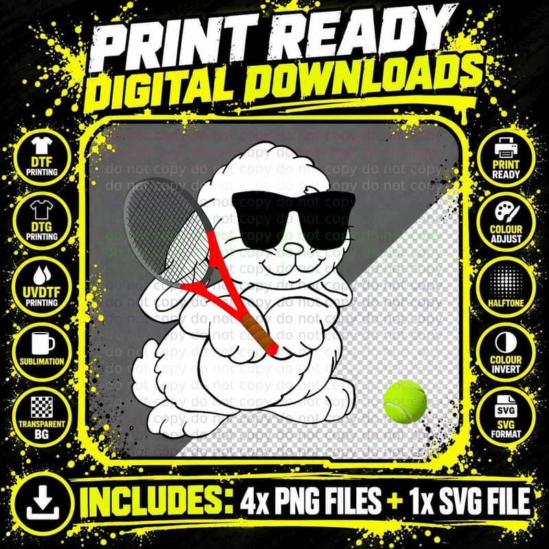 Funny Rabbit Wearing Sunglasses Playing Tennis Png SVG Digital Bundle