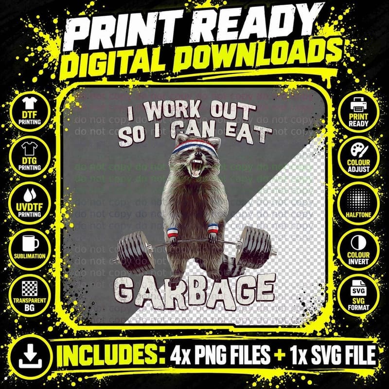 Funny Raccoon Gym T Shirt I Work Out So I Can Eat Png SVG Digital Bundle