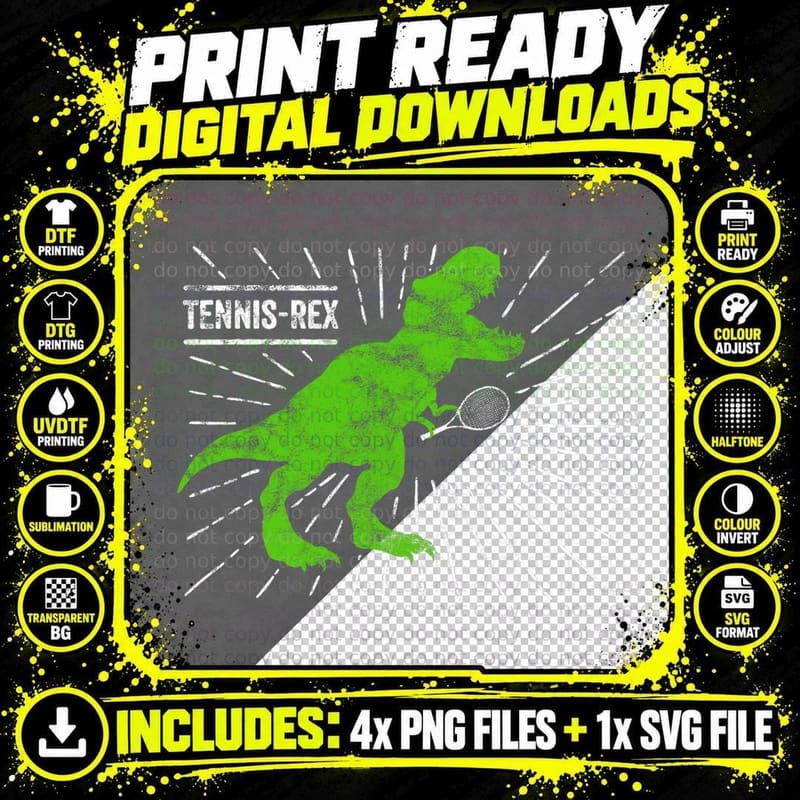Funny T-Rex Dinosaur Dino Tennis Player Tennis-Rex Cool Png SVG Digital Bundle
