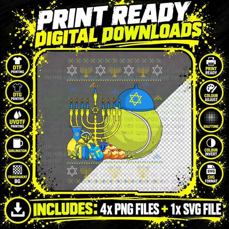 Funny Tennis Ball Menorah & Dreidel Ugly Hanukkah Png SVG Digital Bundle