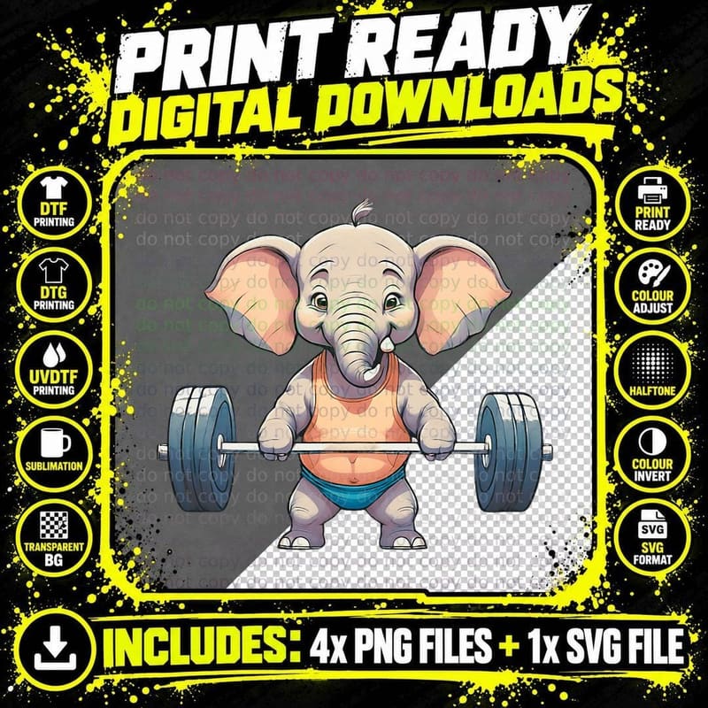 Funny Weightlifter Elephant Weightlifting Gym Deadlift Png SVG Digital Bundle