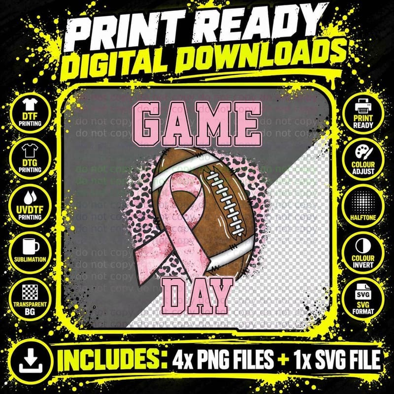 Game Day - Breast Cancer Awareness Pink Football Mom Png SVG Digital Bundle