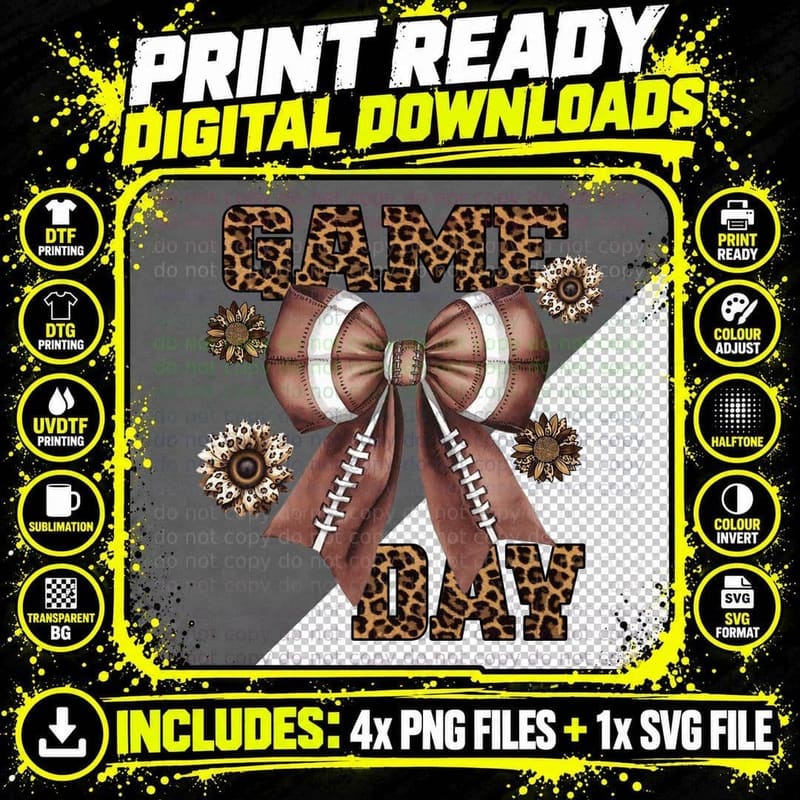 Game Day Sport Mom T-Shirt, Football Bow with Leopard Png SVG Digital Bundle