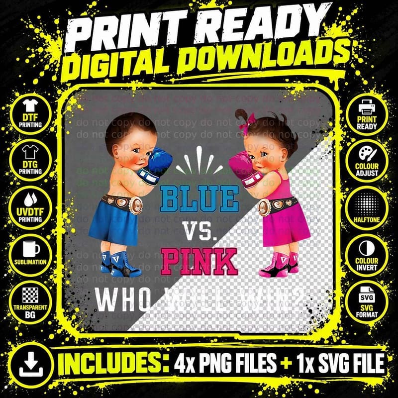 Gender Reveal Blue vs Pink Ethnic Boxing Babies Png SVG Digital Bundle