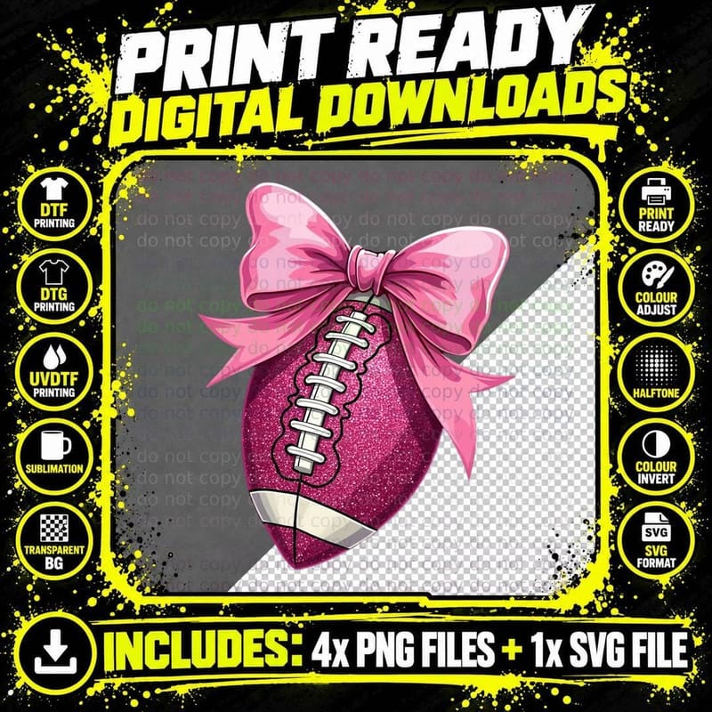Glittery Pink Football with Bow Sport Mom T-Shirt Png SVG Digital Bundle