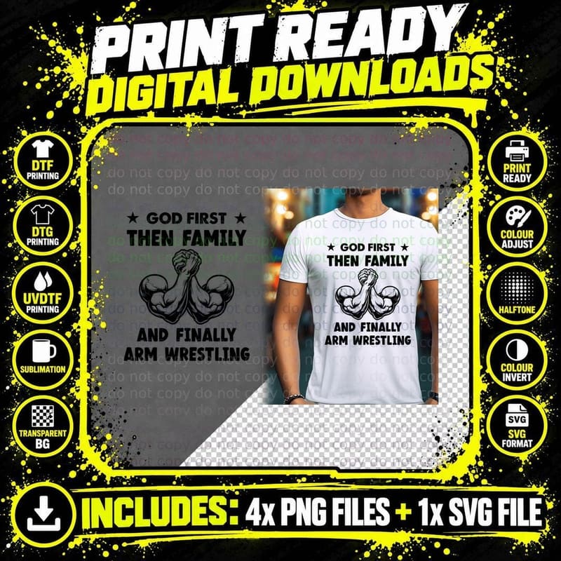 God First Then Family and Finally Arm Wrestling T-Shirt Png SVG Digital Bundle
