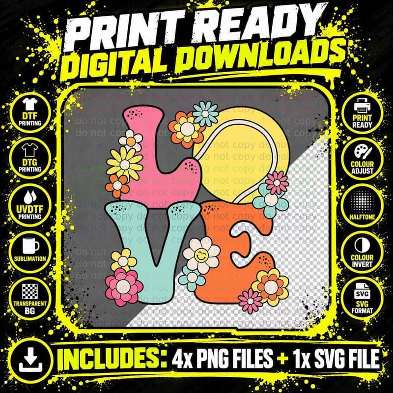 Groovy Tennis Love Cute Tennis Lover Women Teens Girls Png SVG Digital Bundle