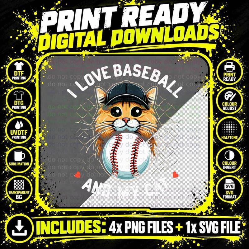 I Love Baseball and My Cat Kitty Lover Sports Design Png SVG Digital Bundle