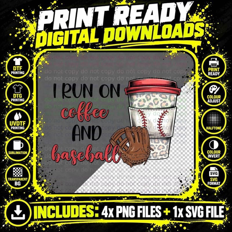 I Run on Coffee and Baseball Sport Mom T-Shirt Png SVG Digital Bundle