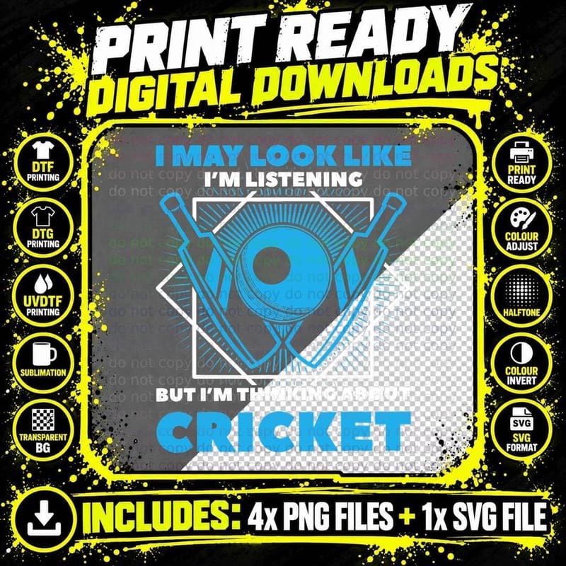 I'm Thinking About Cricket - Cricketer Batsman Sport Png SVG Digital Bundle