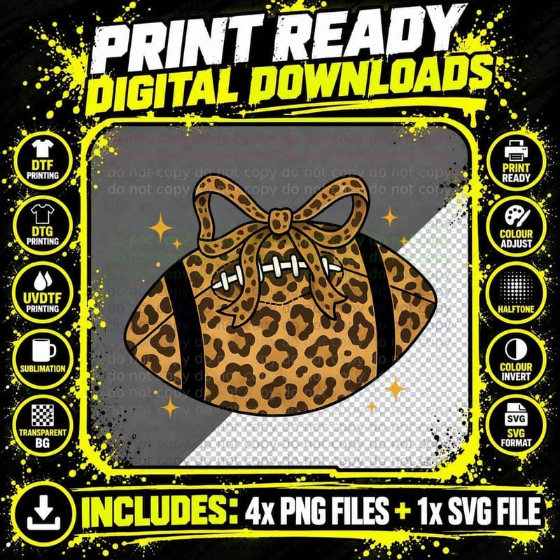 Leopard Print Football with Bow Sport Mom T-Shirt Png SVG Digital Bundle