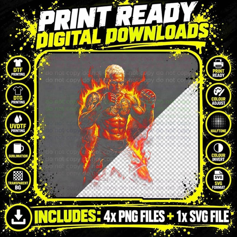 MMA Fighter in Flames T-Shirt, Boxing Champ Tee Png SVG Digital Bundle